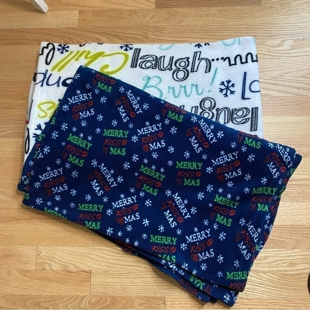 Winter Christmas Fleece Blanket Bundle Merry Christmas Blue White Brr Laugh